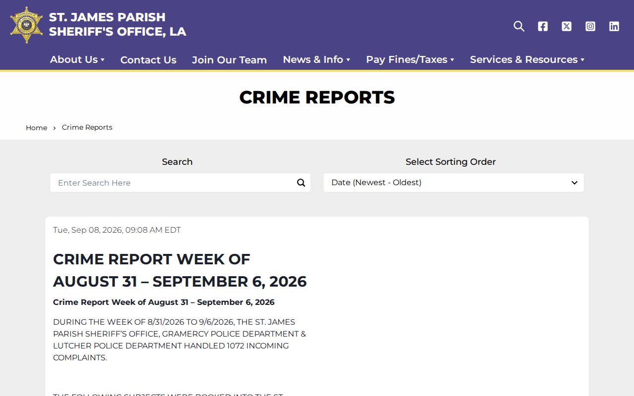 St. James Parish Sheriff weekly Crime Reports page