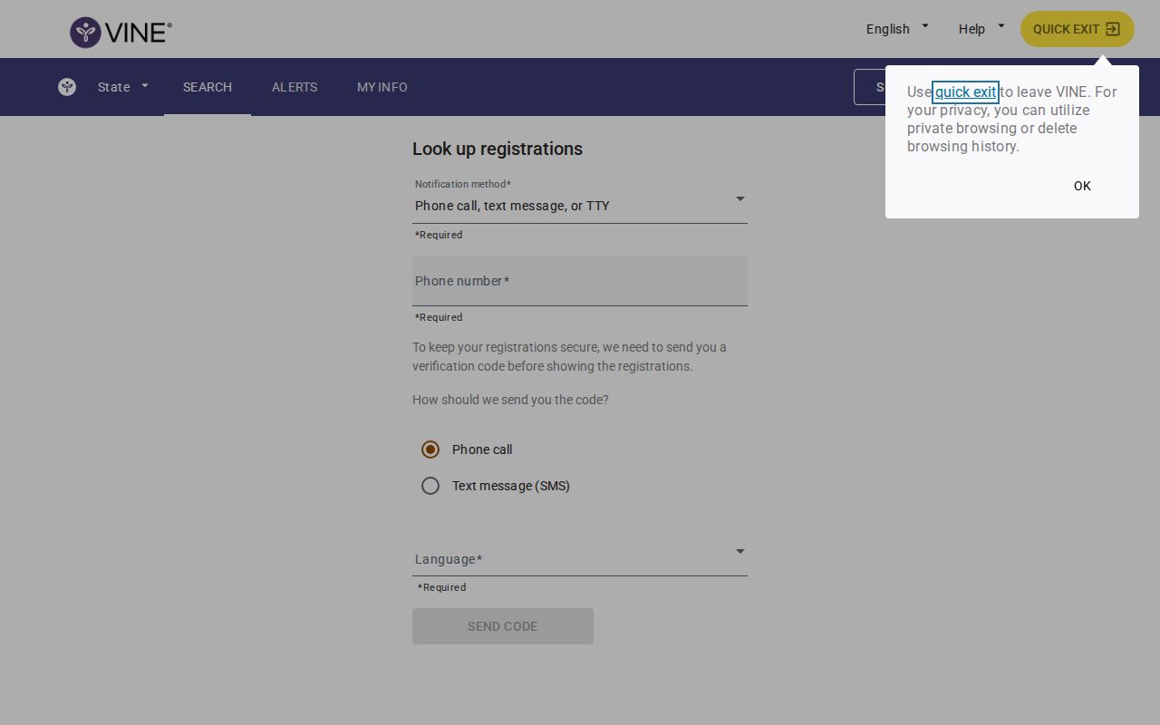 VINELink custody alert registration screen with contact and PIN prompts